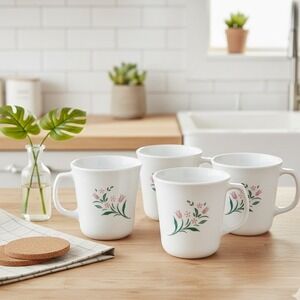 Set of 4 Vintage Corelle‎ Rosemarie Mugs Pink Tulip Flower Corning Ware Tea Cups